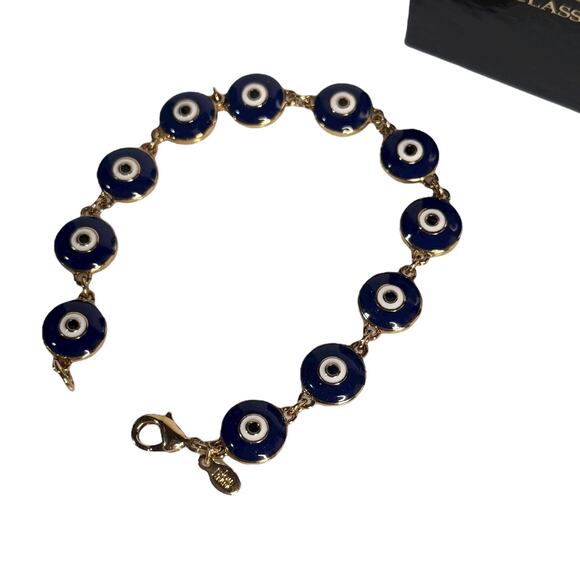 Joan Rivers Evil Eye Bracelet 7" Blue White Enamel Gold Link Chain Signed Box - Picture 4 of 7